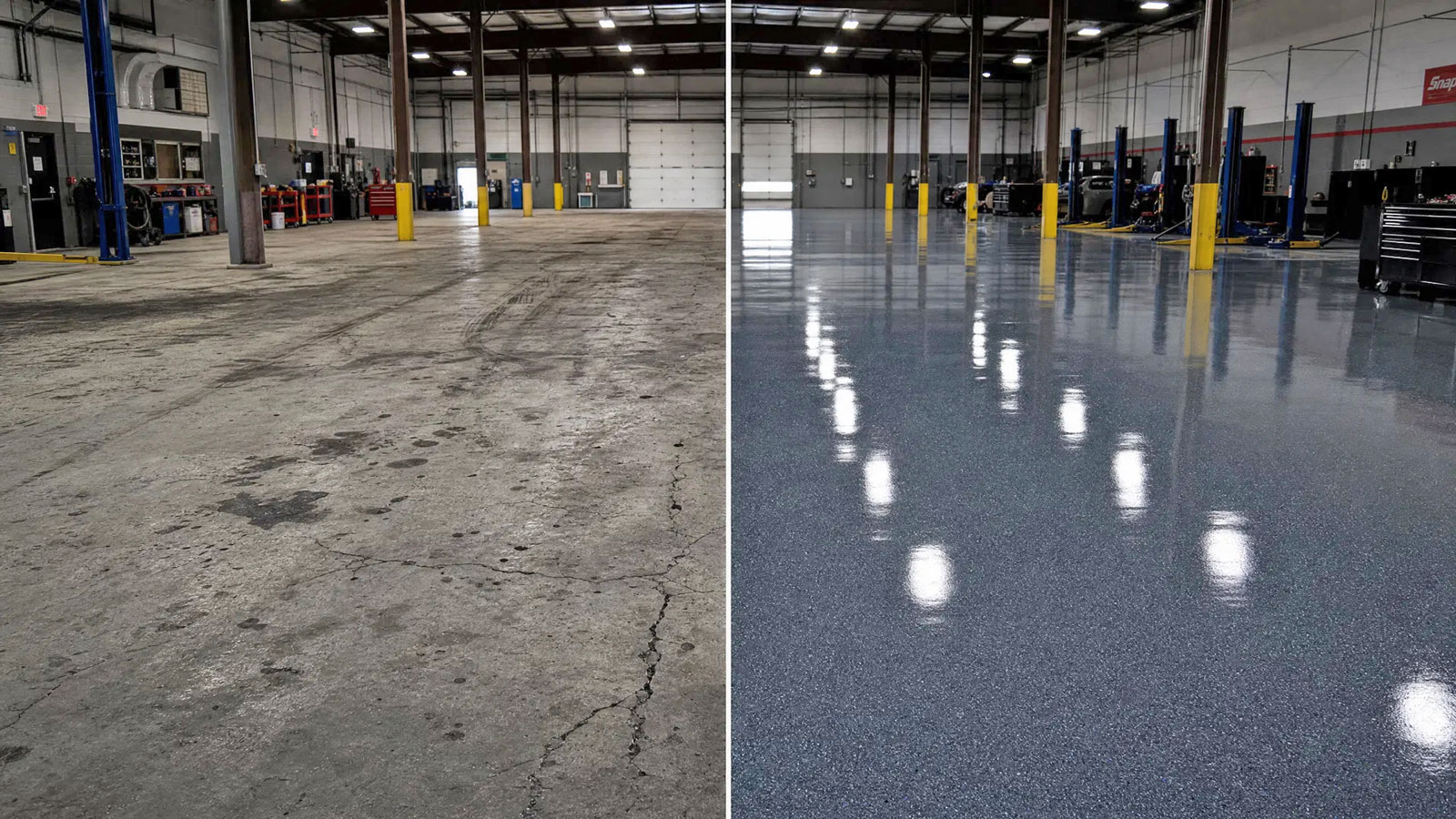 Commercial floor coating before and after — auto shop in Toms River NJ